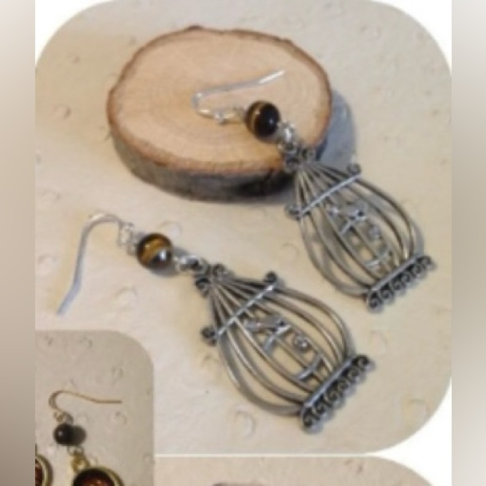 Bird cage earrings with Genuine Tiger's Eye crystals earrings